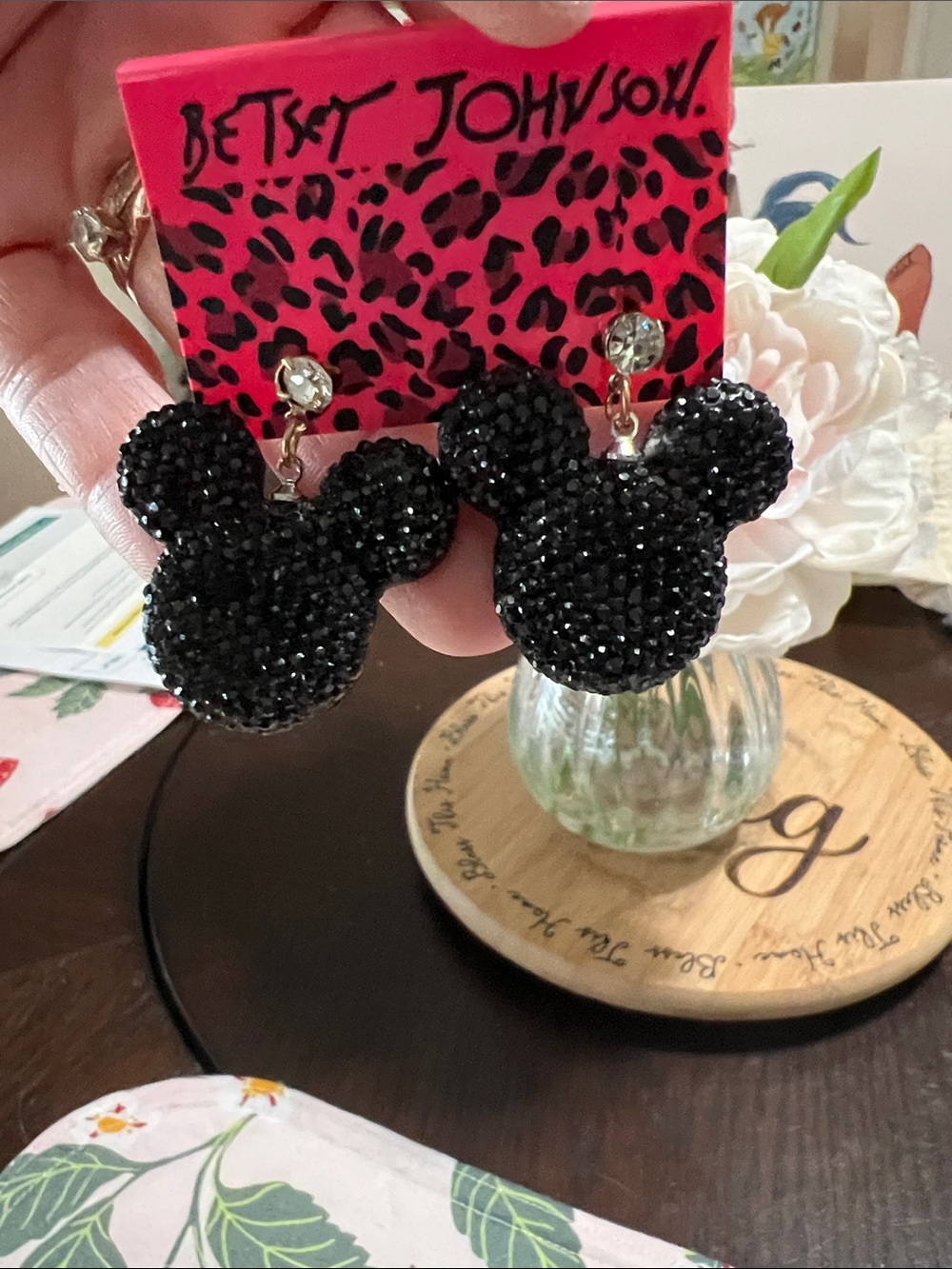 New Betsey Johnson Black Crystal Mickey Drop Earrings